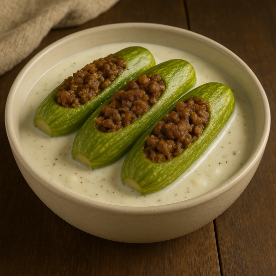 Zucchini stuffed with minced meat & bathed in yogurt sauce 