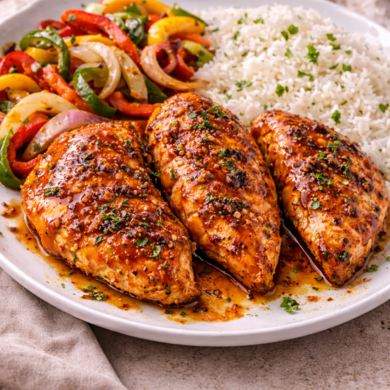 Hot honey chicken with a side of peppers & onion + 150g Rice 